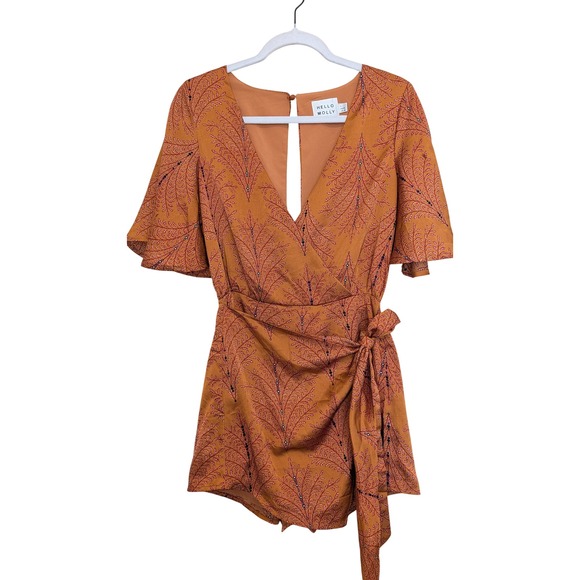 Hello Molly Pants - Hello Molly Burnt Orange Botanical Print Wrap Romper Flutter Sleeve Size 4